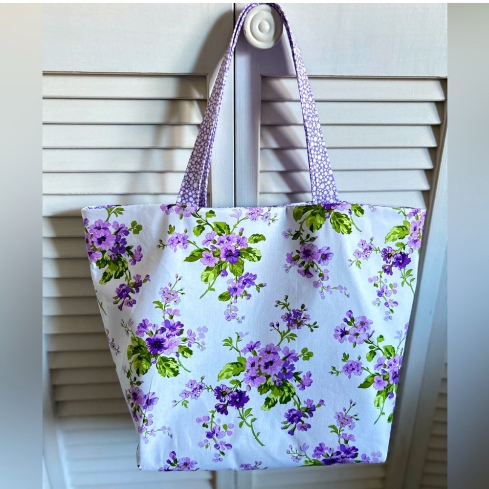 Handmade Floral Tote Bag Purple Fabric All Purpose Market Shoulder Purse